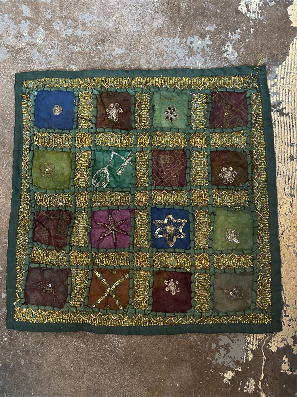 Vintage Pillow Cover: Batik, Sequins, Metallic Thread—Two Flaws